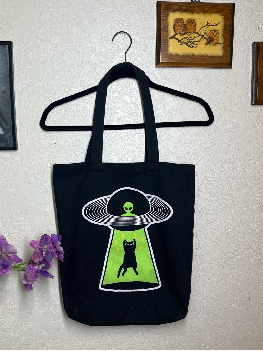 Black Alien UFO Canvas Tote with Green Graphic